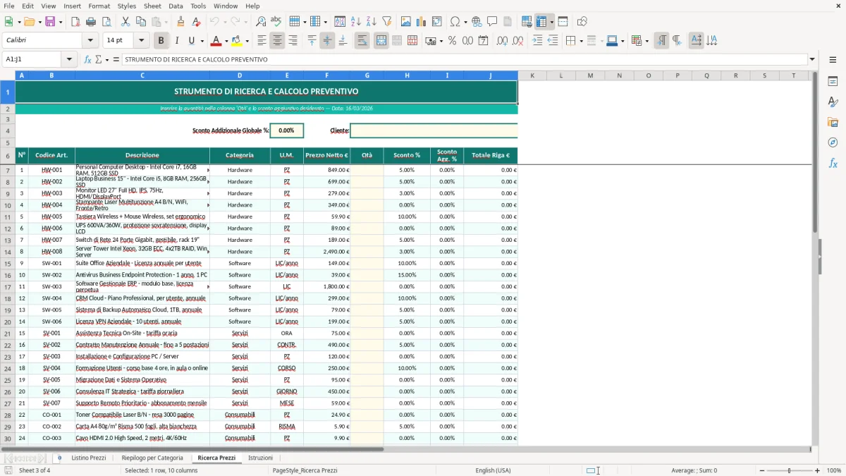 Screenshot 3: Foglio Ricerca Prezzi - Modello Excel listino prezzi excel