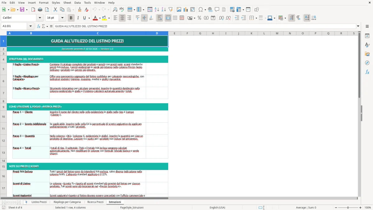 Screenshot 4: Foglio Istruzioni - Modello Excel listino prezzi excel