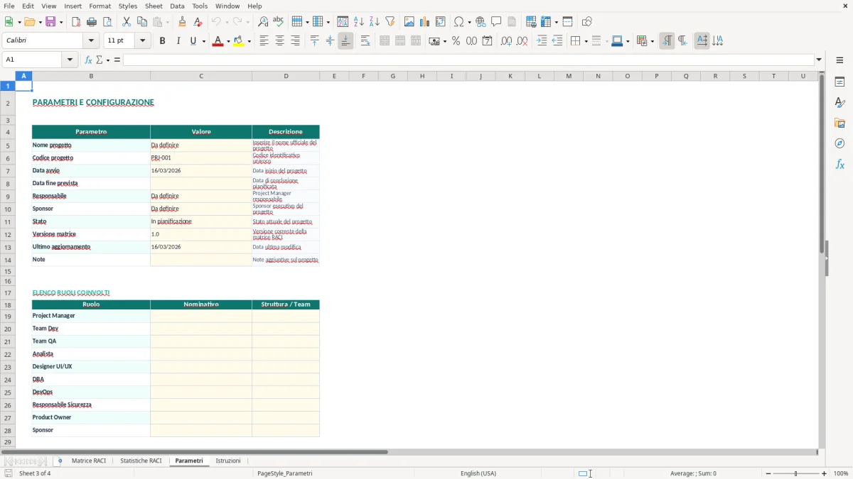 Screenshot 3: Foglio Parametri - Modello Excel matrice RACI excel