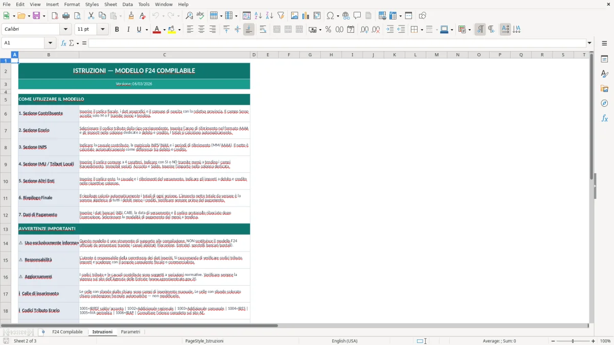 Screenshot 2: Foglio Istruzioni - Modello Excel modello F24 compilabile excel