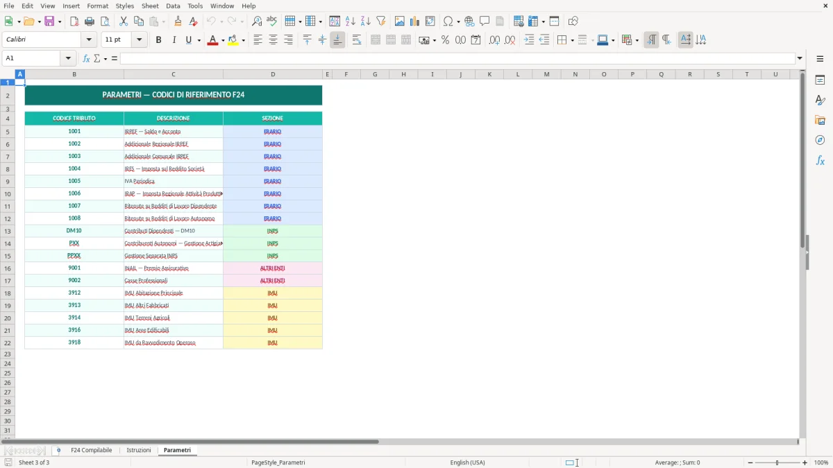 Screenshot 3: Foglio Parametri - Modello Excel modello F24 compilabile excel