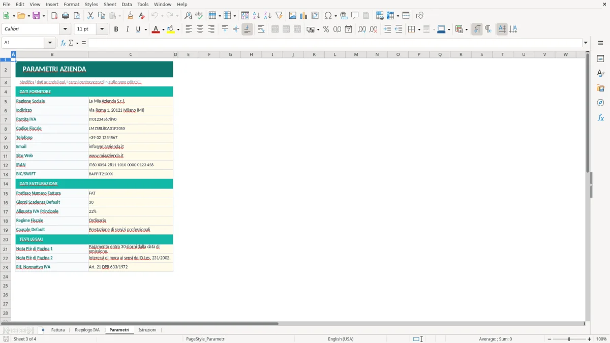 Screenshot 3: Foglio Parametri - Modello Excel modello fattura excel