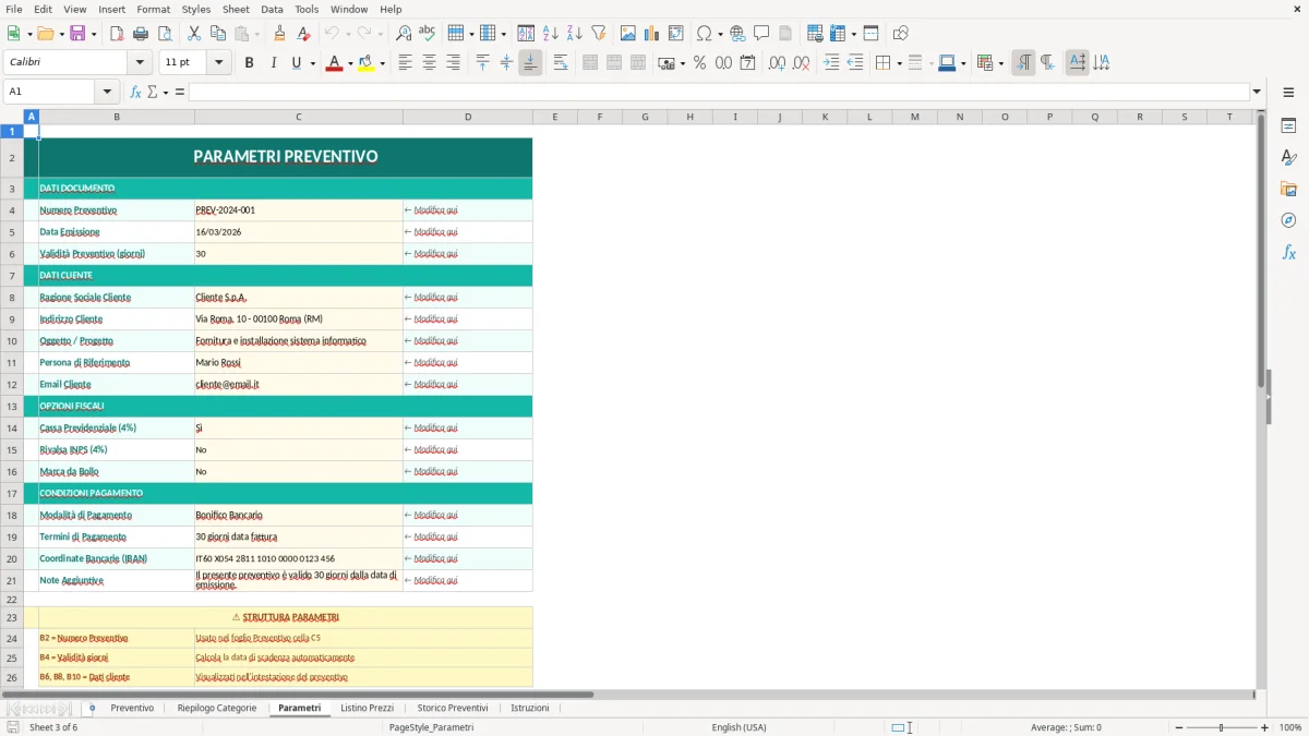 Screenshot 3: Foglio Parametri - Modello Excel modello preventivo excel