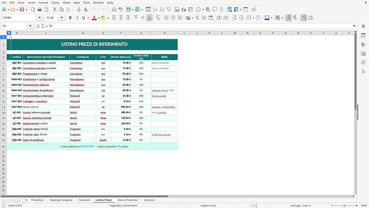 Screenshot 4: Foglio Listino Prezzi - Modello Excel modello preventivo excel