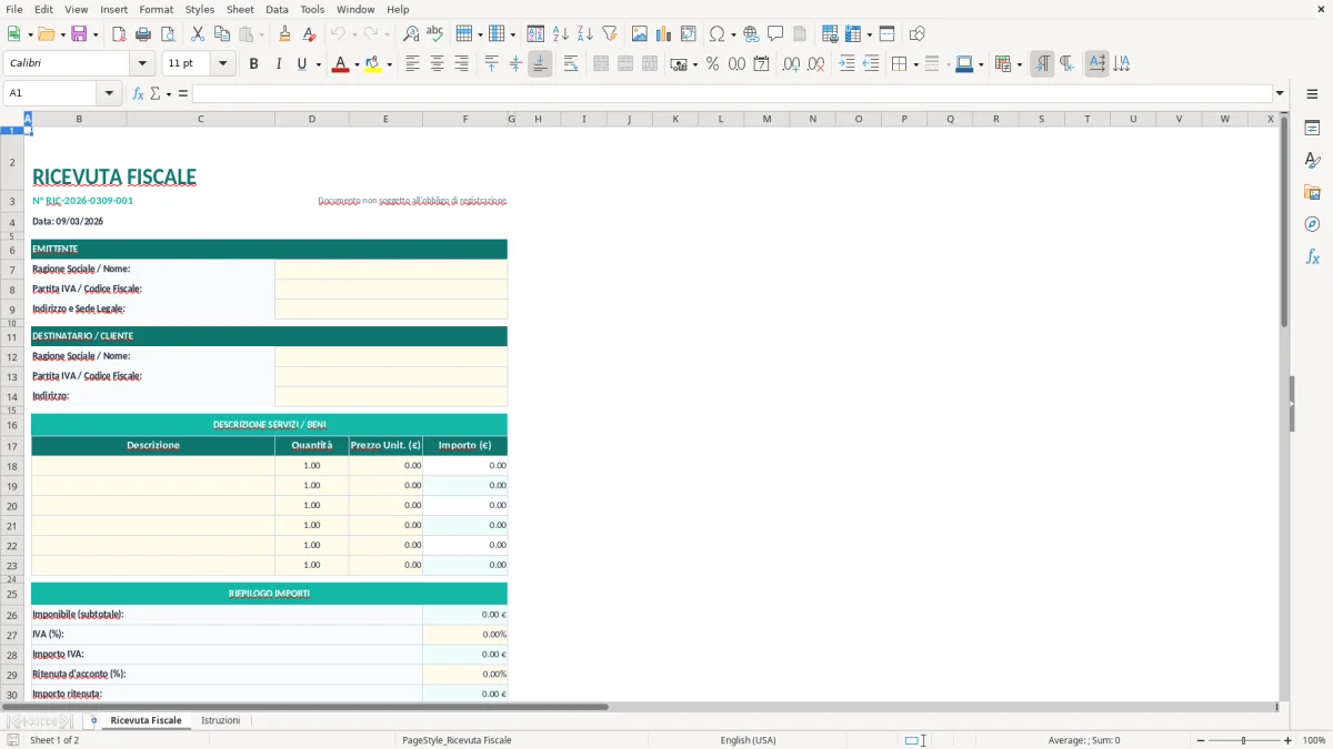 Screenshot 1: Foglio Ricevuta Fiscale - Modello Excel modello ricevuta fiscale excel