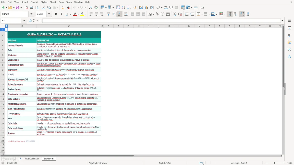 Screenshot 2: Foglio Istruzioni - Modello Excel modello ricevuta fiscale excel
