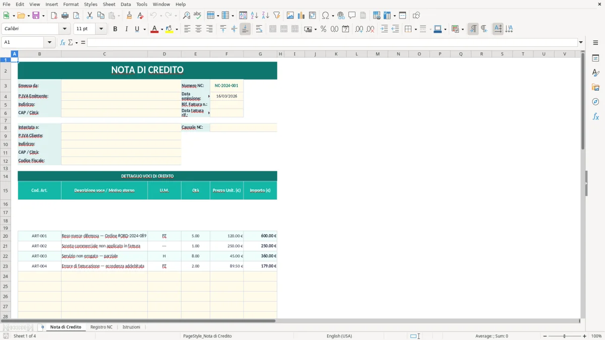Screenshot 1: Foglio Nota di Credito - Modello Excel nota di credito excel