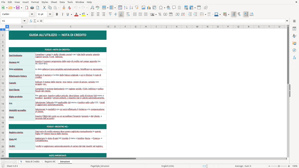 Screenshot 3: Foglio Istruzioni - Modello Excel nota di credito excel