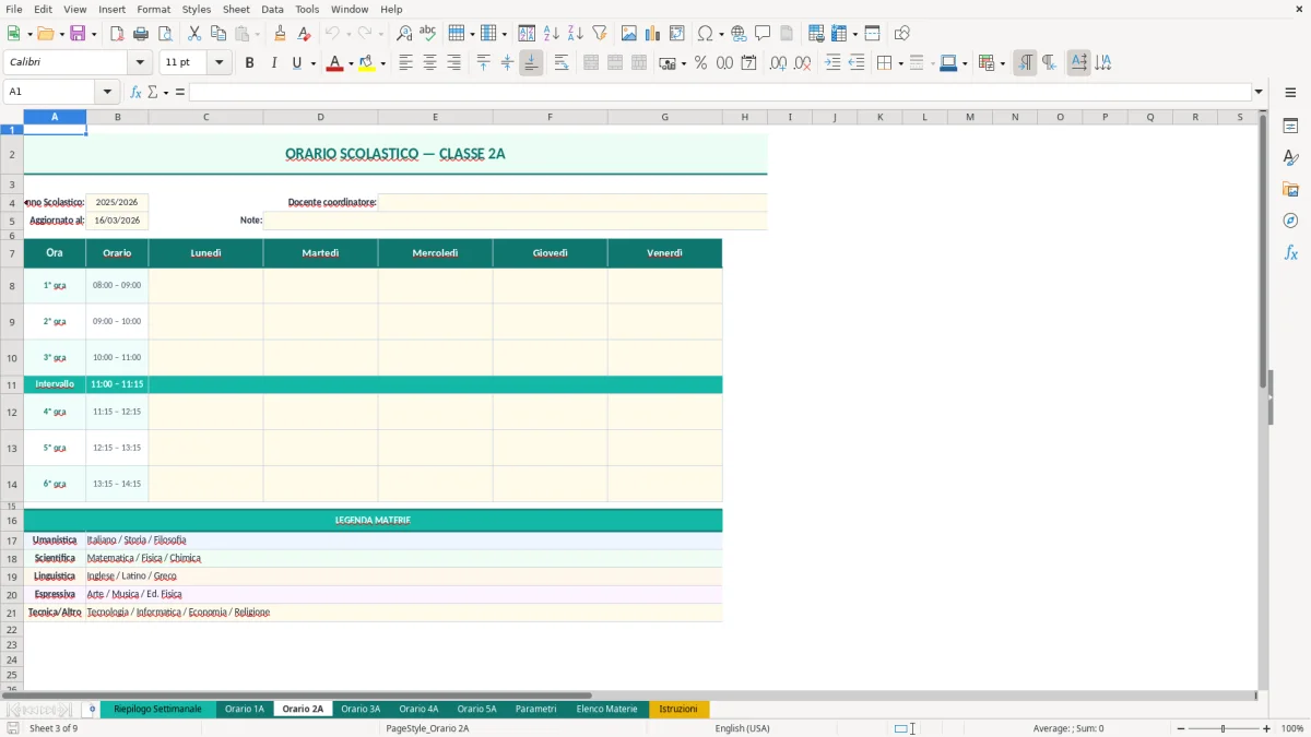 Screenshot 3: Foglio Orario 2A - Modello Excel orario scolastico excel