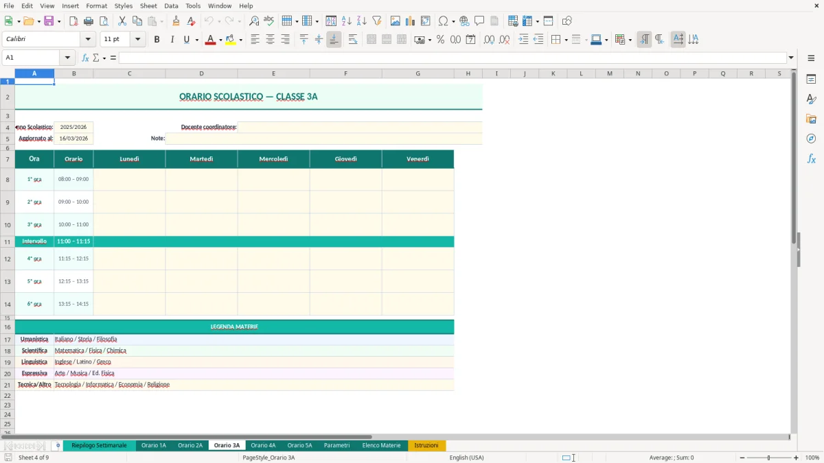 Screenshot 4: Foglio Orario 3A - Modello Excel orario scolastico excel