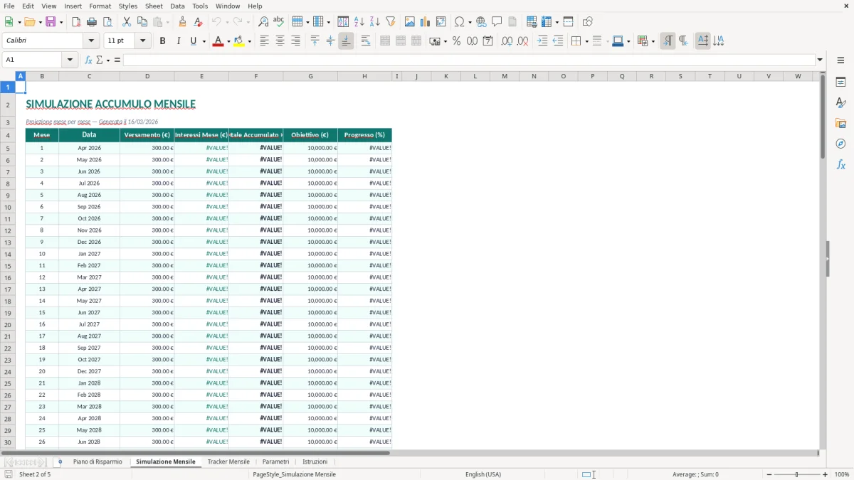 Screenshot 2: Foglio Simulazione Mensile - Modello Excel piano di risparmio excel