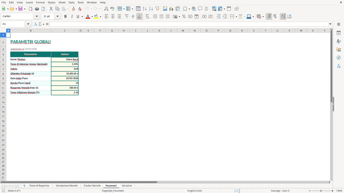 Screenshot 4: Foglio Parametri - Modello Excel piano di risparmio excel