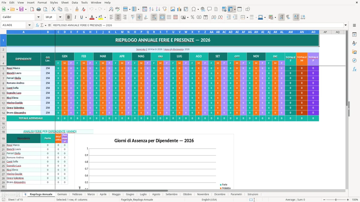 Screenshot 1: Foglio Riepilogo Annuale - Modello Excel piano ferie excel