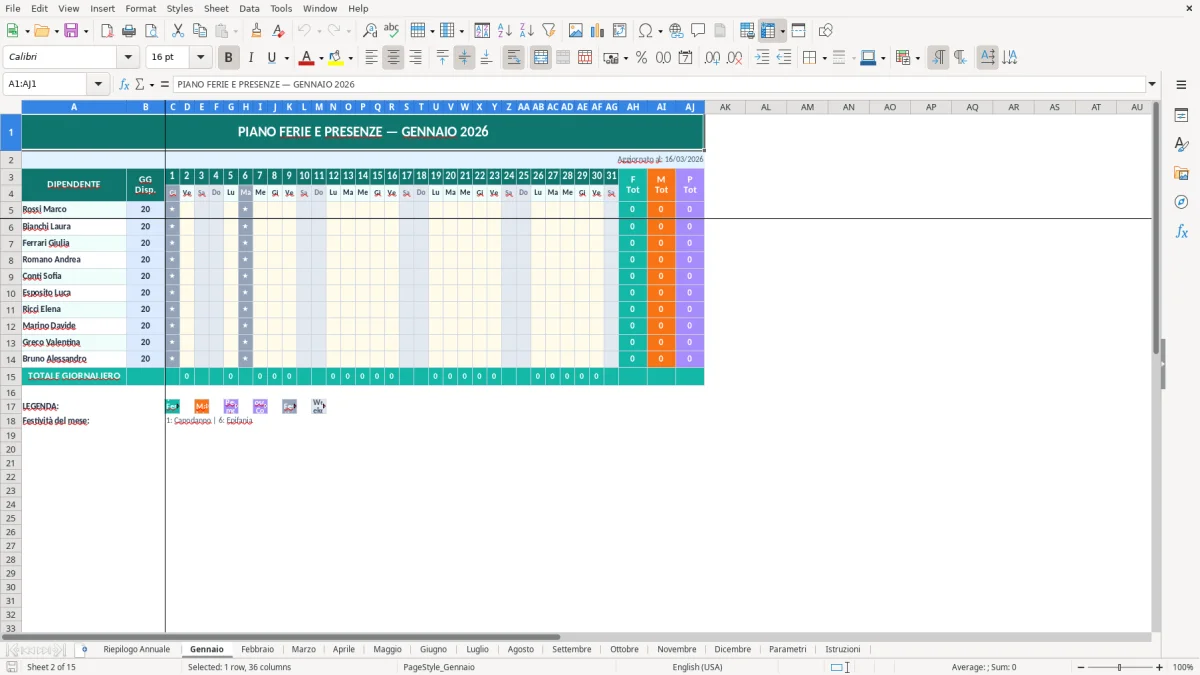 Screenshot 2: Foglio Gennaio - Modello Excel piano ferie excel
