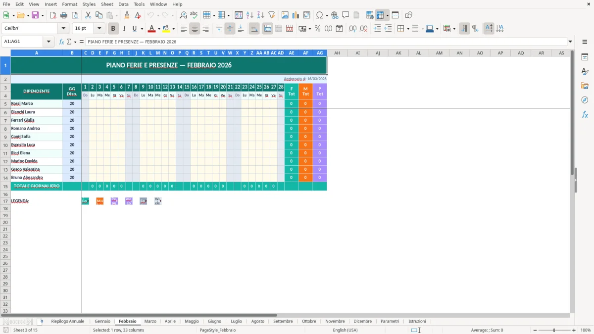 Screenshot 3: Foglio Febbraio - Modello Excel piano ferie excel
