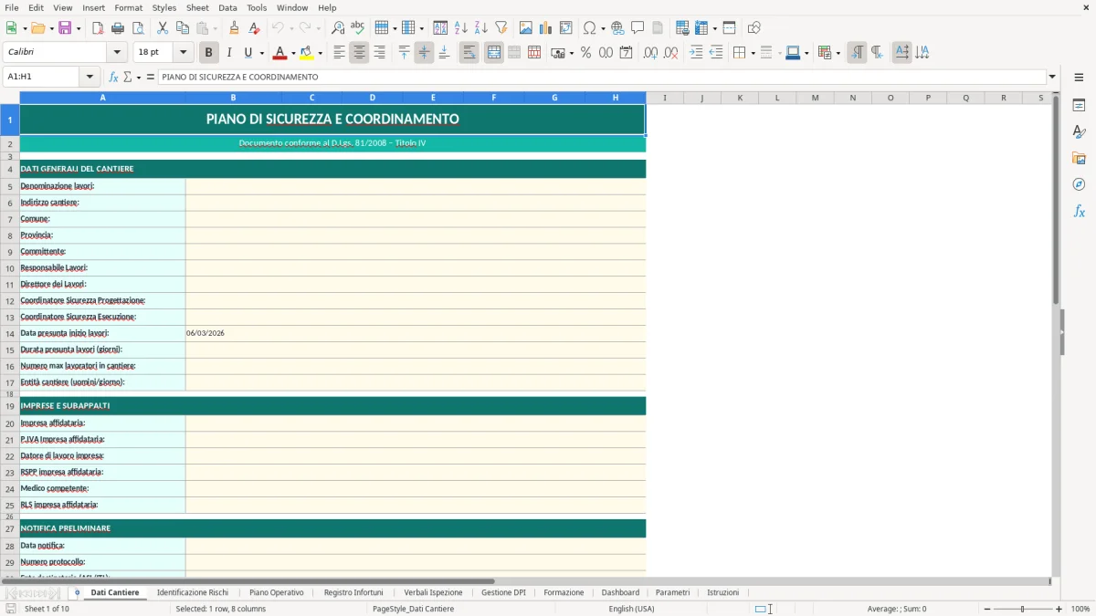 Screenshot 1: Foglio Dati Cantiere - Modello Excel piano sicurezza cantiere excel