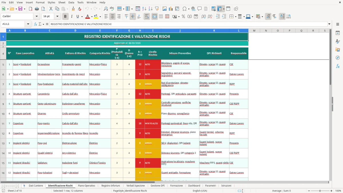 Screenshot 2: Foglio Identificazione Rischi - Modello Excel piano sicurezza cantiere excel