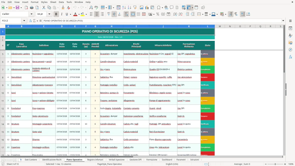 Screenshot 3: Foglio Piano Operativo - Modello Excel piano sicurezza cantiere excel