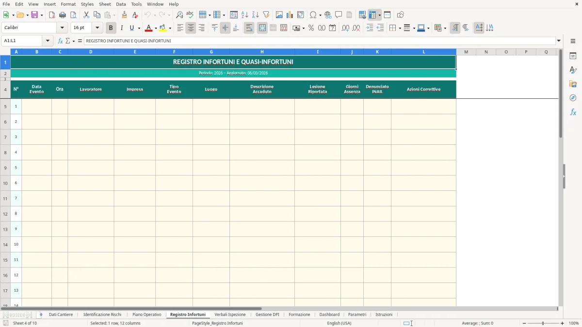Screenshot 4: Foglio Registro Infortuni - Modello Excel piano sicurezza cantiere excel