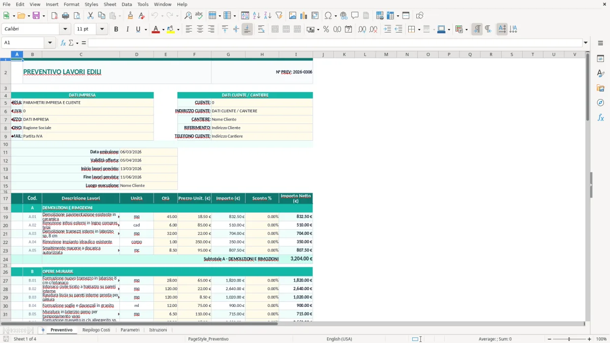Screenshot 1: Foglio Preventivo - Modello Excel preventivo lavori edili excel