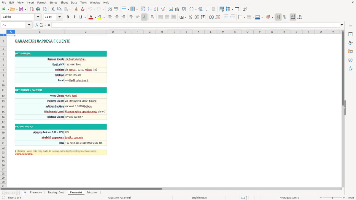 Screenshot 3: Foglio Parametri - Modello Excel preventivo lavori edili excel