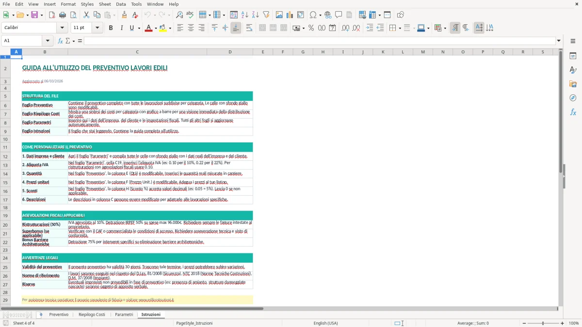 Screenshot 4: Foglio Istruzioni - Modello Excel preventivo lavori edili excel