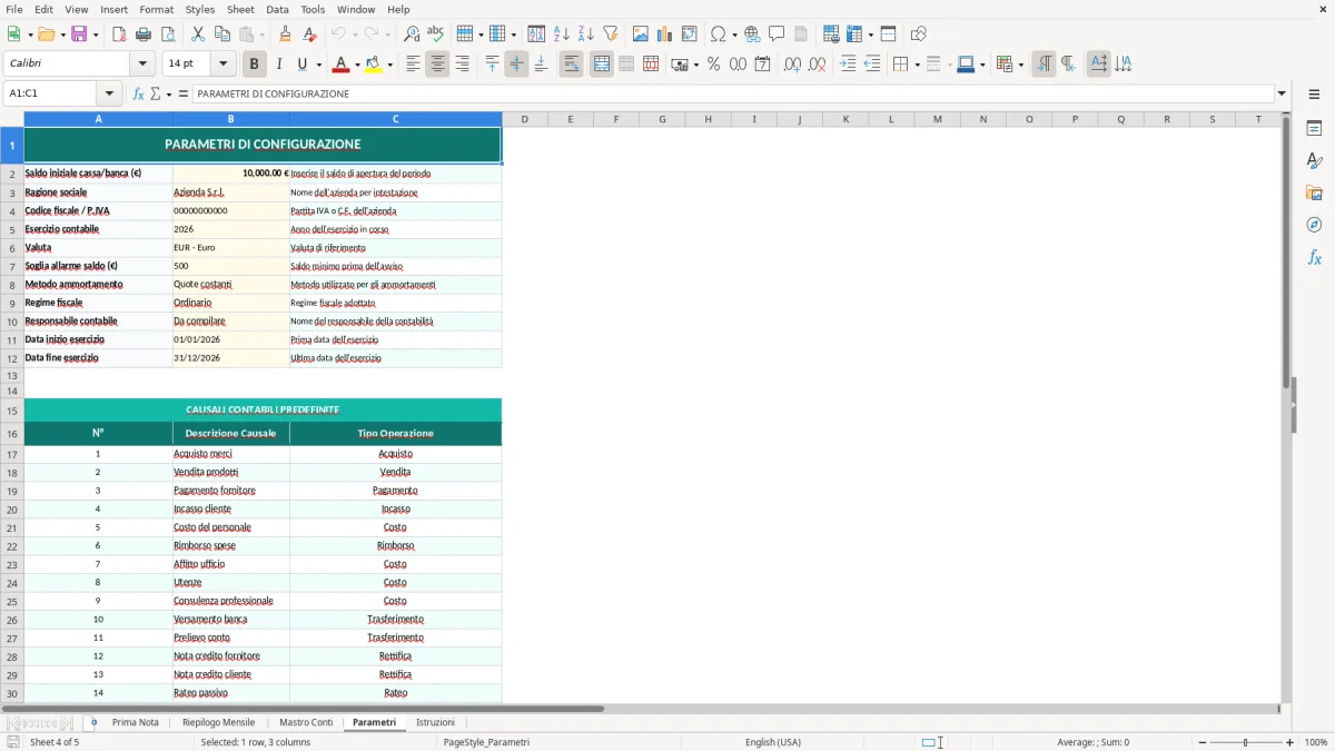 Screenshot 4: Foglio Parametri - Modello Excel prima nota contabile excel