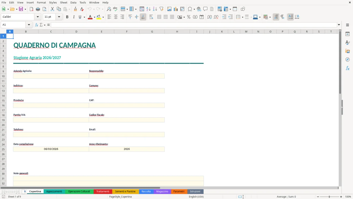Screenshot 1: Foglio Copertina - Modello Excel quaderno di campagna excel