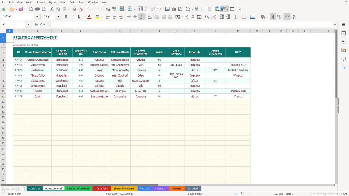 Screenshot 2: Foglio Appezzamenti - Modello Excel quaderno di campagna excel