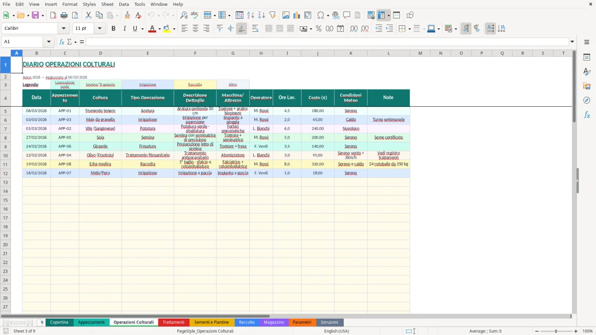 Screenshot 3: Foglio Operazioni Colturali - Modello Excel quaderno di campagna excel