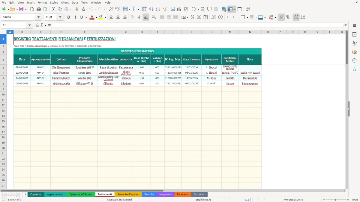 Screenshot 4: Foglio Trattamenti - Modello Excel quaderno di campagna excel