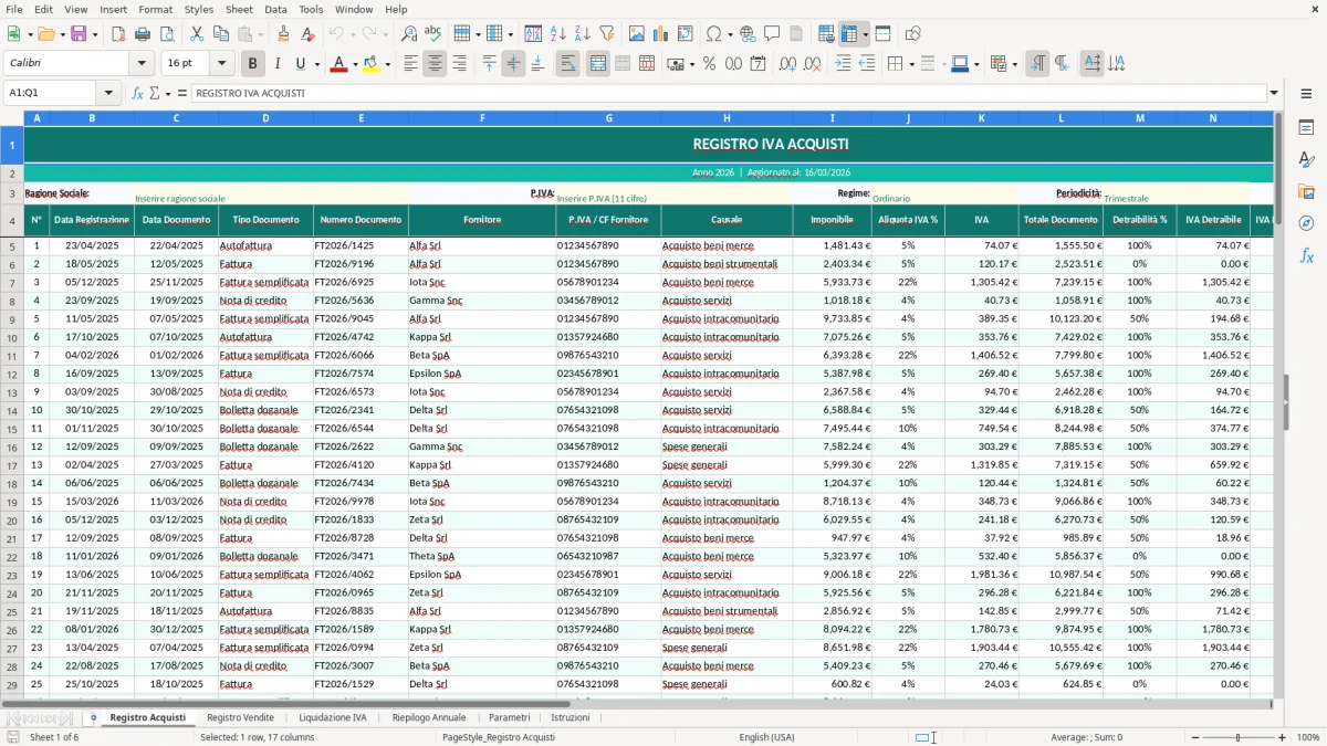 Screenshot 1: Foglio Registro Acquisti - Modello Excel registro IVA excel