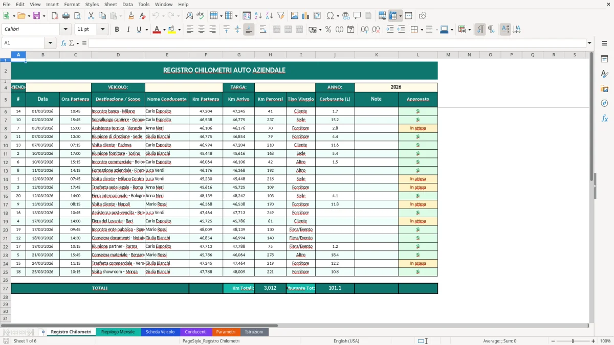 Screenshot 1: Foglio Registro Chilometri - Modello Excel registro chilometri auto aziendale excel