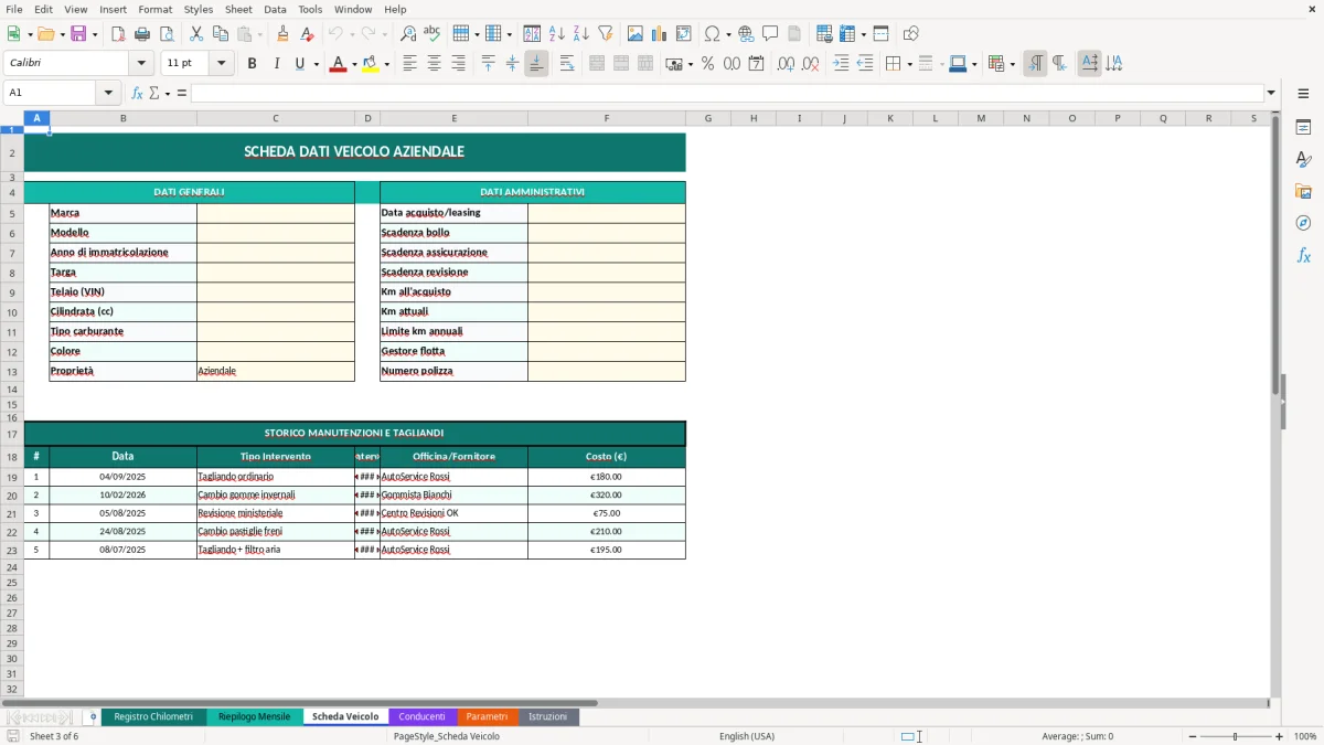 Screenshot 3: Foglio Scheda Veicolo - Modello Excel registro chilometri auto aziendale excel