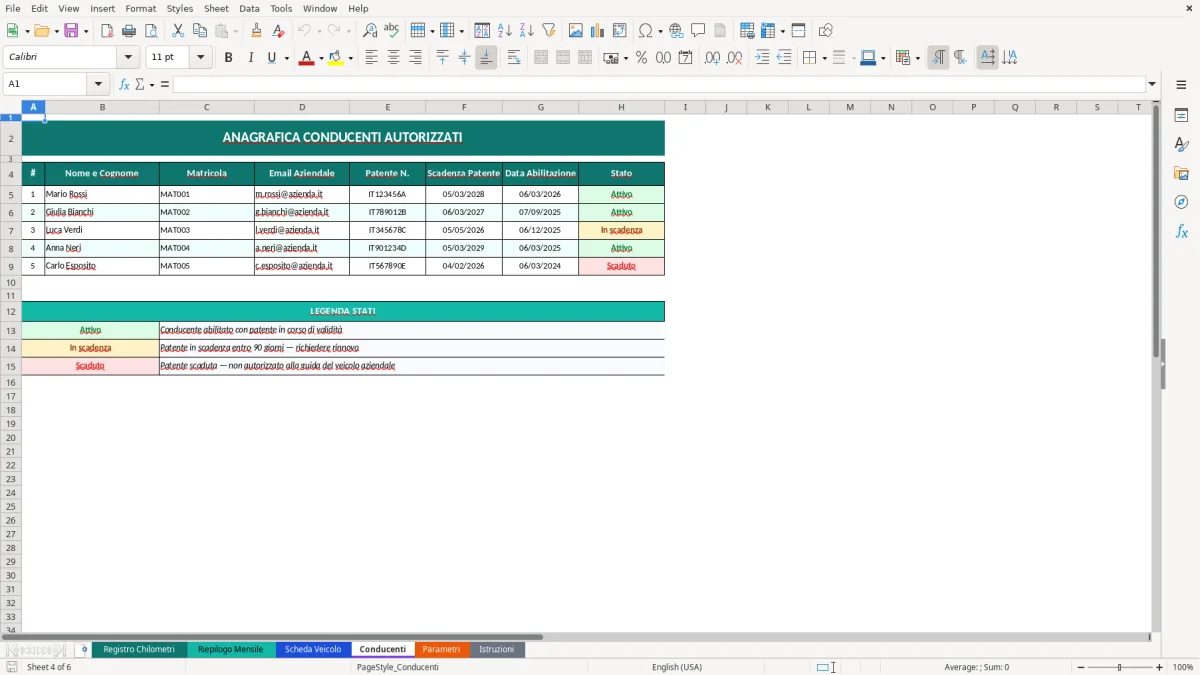 Screenshot 4: Foglio Conducenti - Modello Excel registro chilometri auto aziendale excel