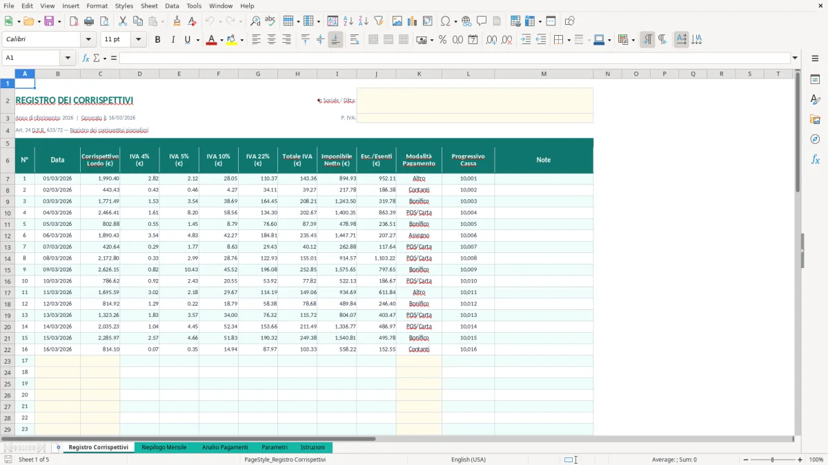 Screenshot 1: Foglio Registro Corrispettivi - Modello Excel registro corrispettivi excel