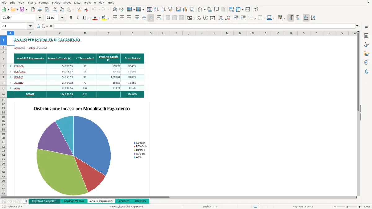 Screenshot 3: Foglio Analisi Pagamenti - Modello Excel registro corrispettivi excel