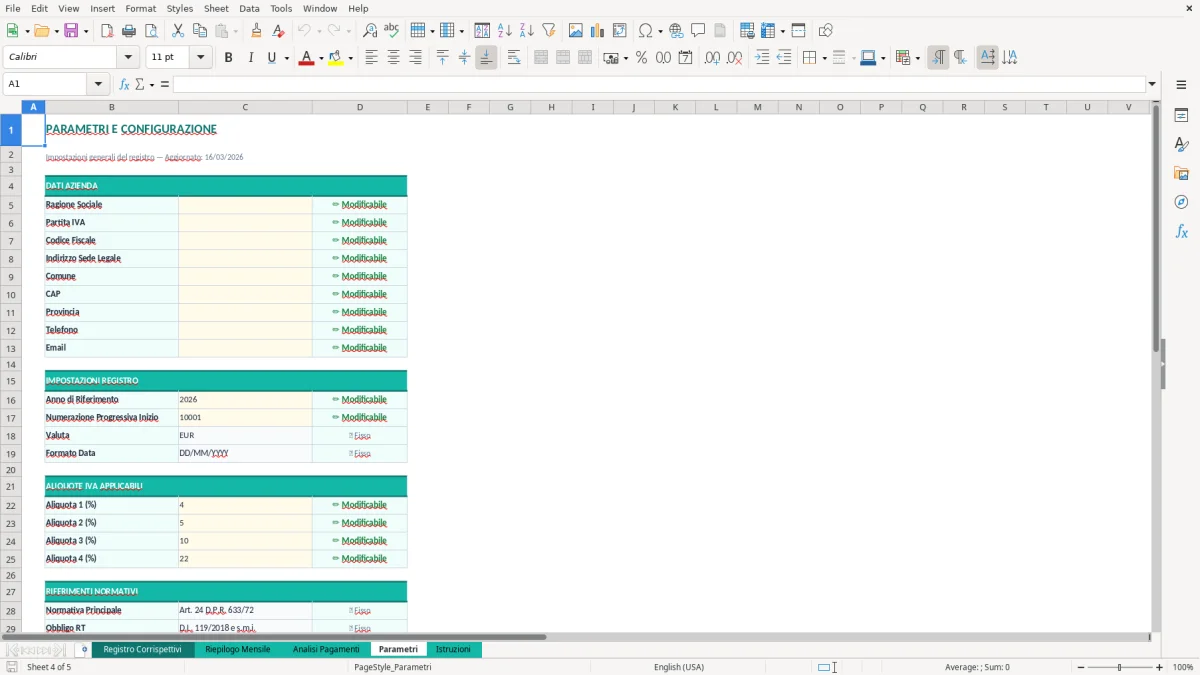 Screenshot 4: Foglio Parametri - Modello Excel registro corrispettivi excel