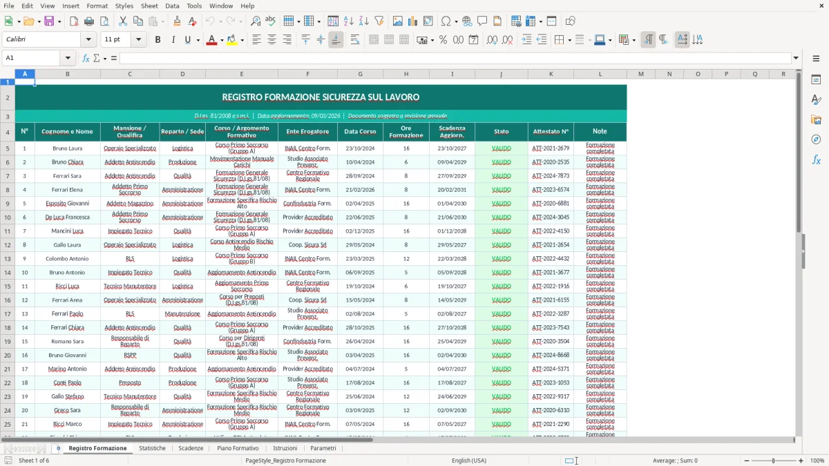 Screenshot 1: Foglio Registro Formazione - Modello Excel registro formazione sicurezza excel