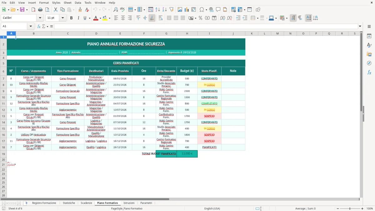 Screenshot 4: Foglio Piano Formativo - Modello Excel registro formazione sicurezza excel