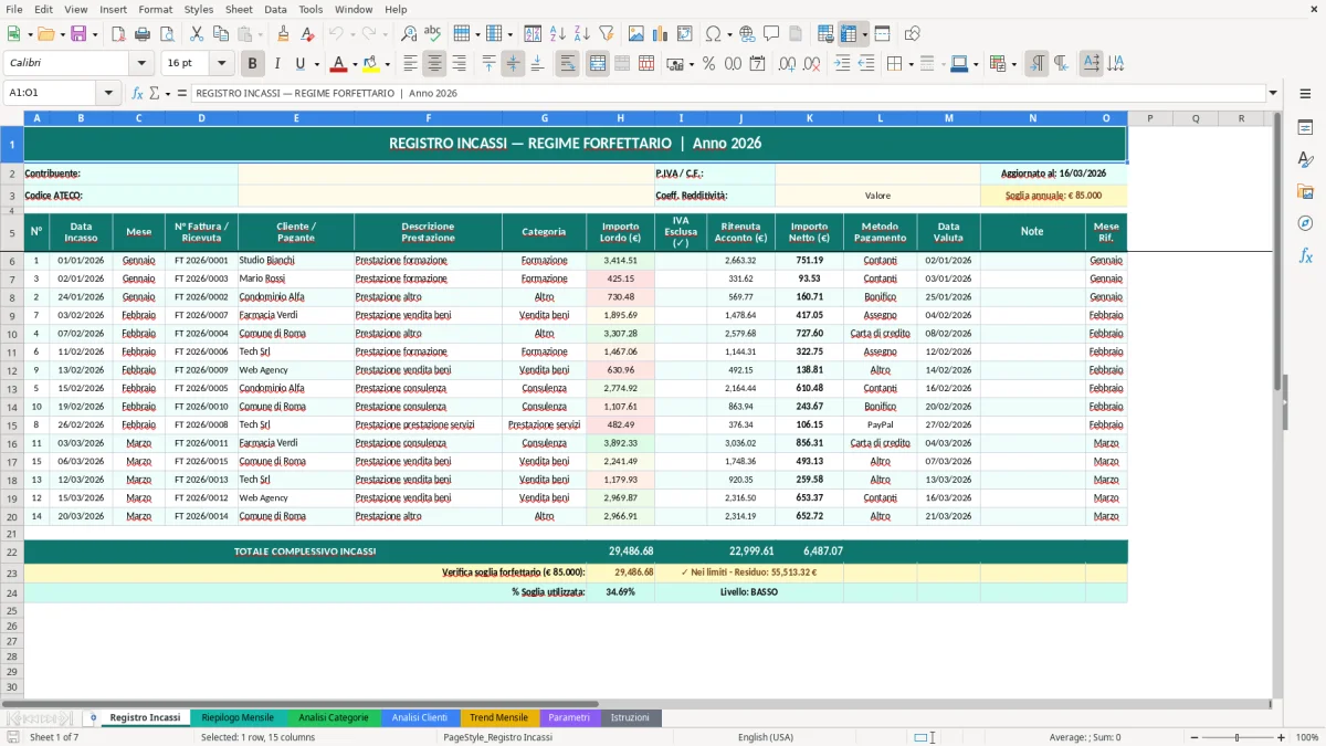 Screenshot 1: Foglio Registro Incassi - Modello Excel registro incassi forfettario excel