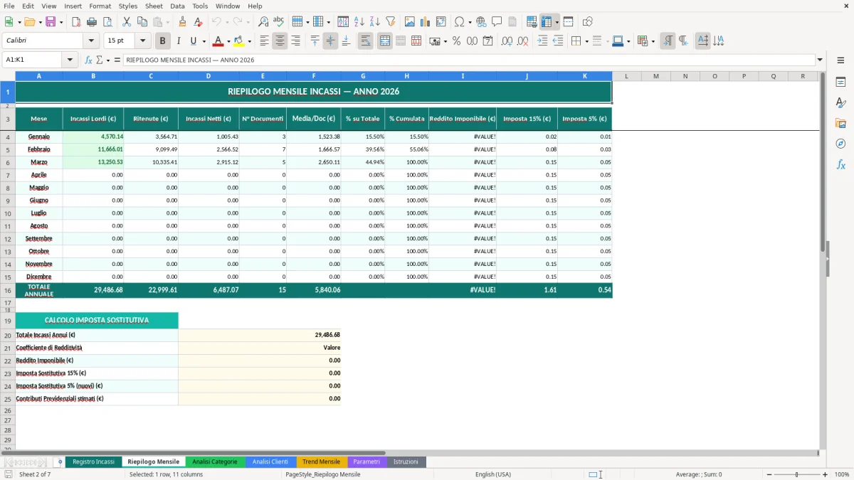 Screenshot 2: Foglio Riepilogo Mensile - Modello Excel registro incassi forfettario excel