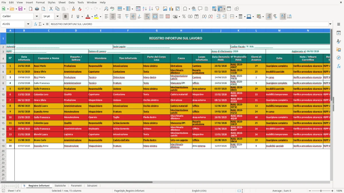 Screenshot 1: Foglio Registro Infortuni - Modello Excel registro infortuni excel