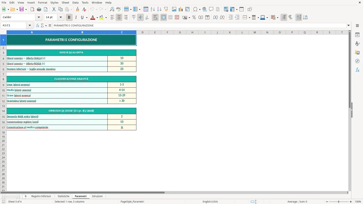 Screenshot 3: Foglio Parametri - Modello Excel registro infortuni excel