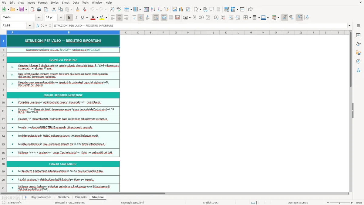 Screenshot 4: Foglio Istruzioni - Modello Excel registro infortuni excel