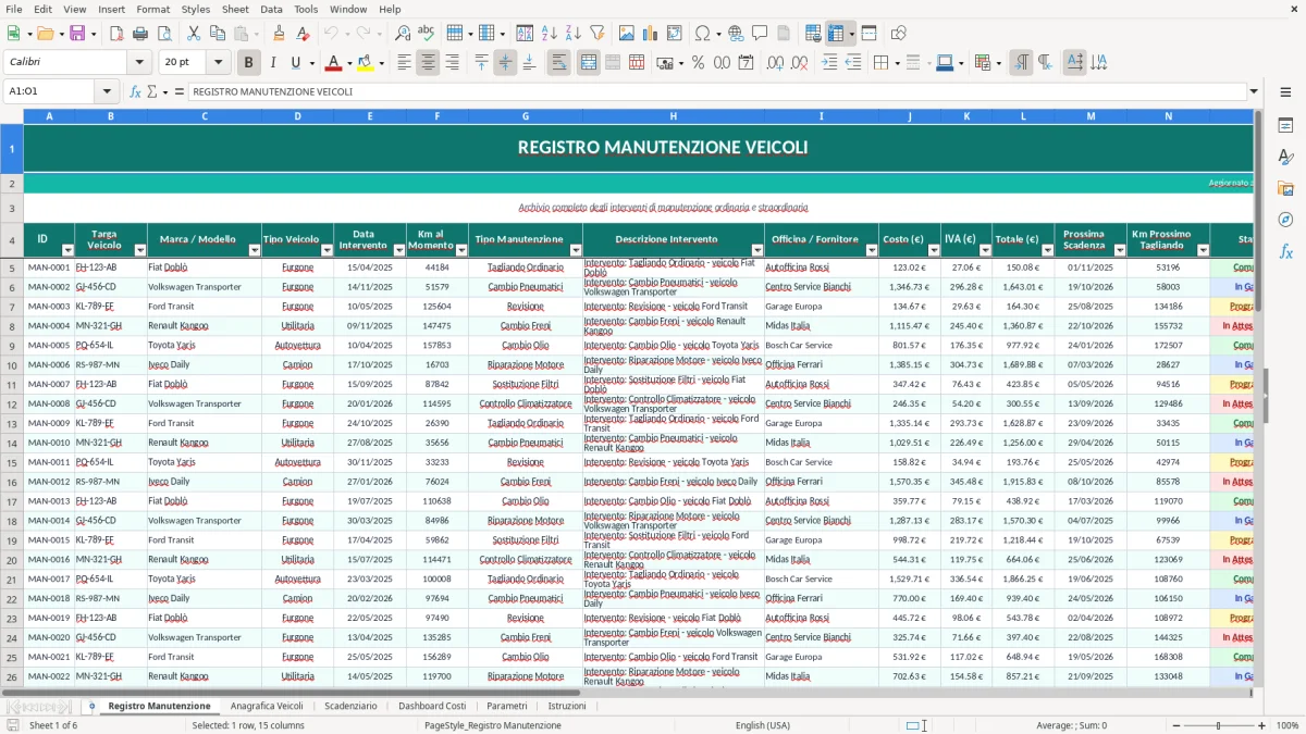 Screenshot 1: Foglio Registro Manutenzione - Modello Excel registro manutenzione veicoli excel