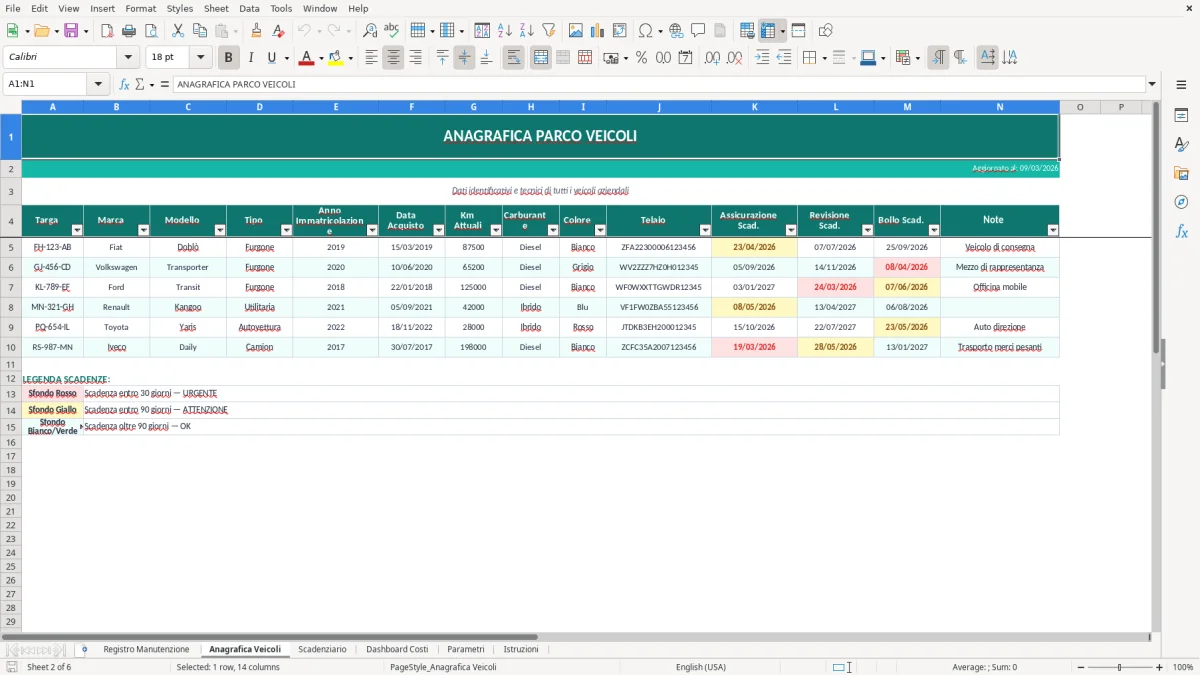 Screenshot 2: Foglio Anagrafica Veicoli - Modello Excel registro manutenzione veicoli excel