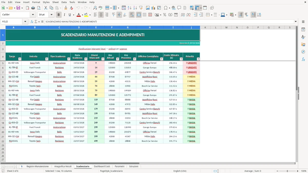 Screenshot 3: Foglio Scadenziario - Modello Excel registro manutenzione veicoli excel