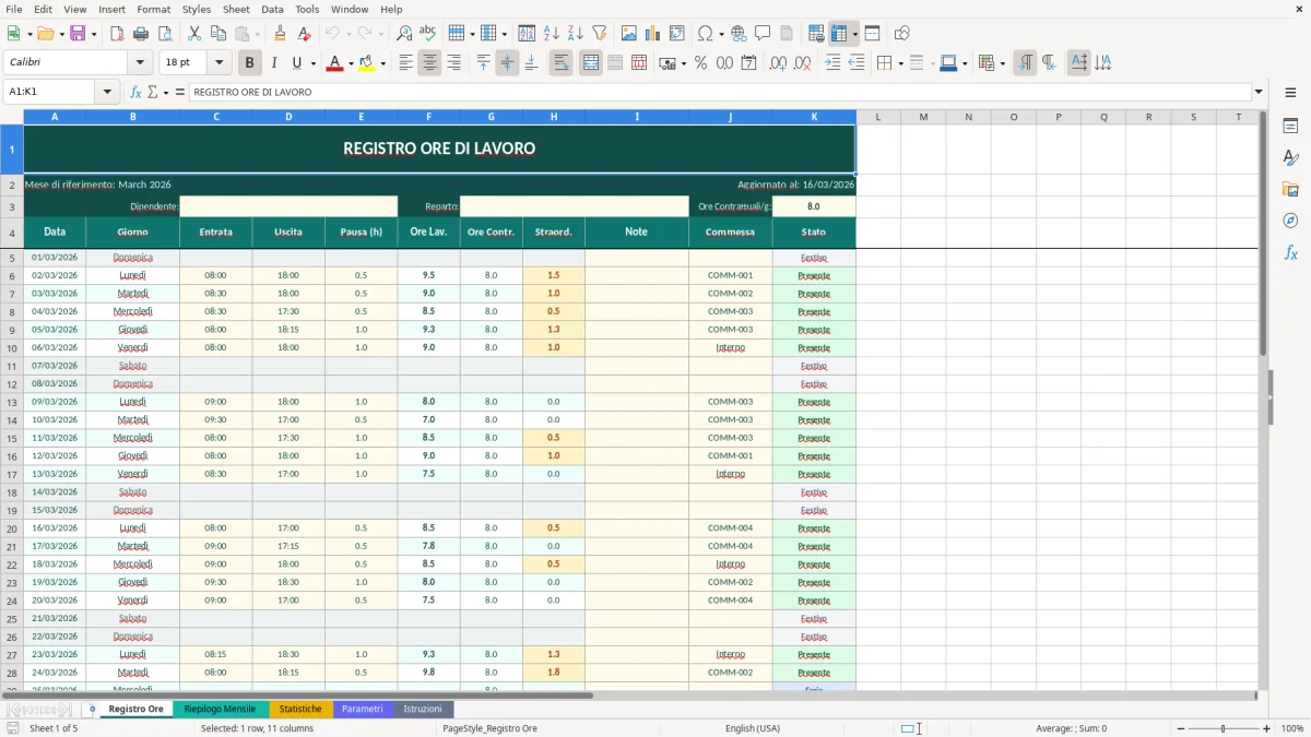 Screenshot 1: Foglio Registro Ore - Modello Excel registro ore lavoro excel
