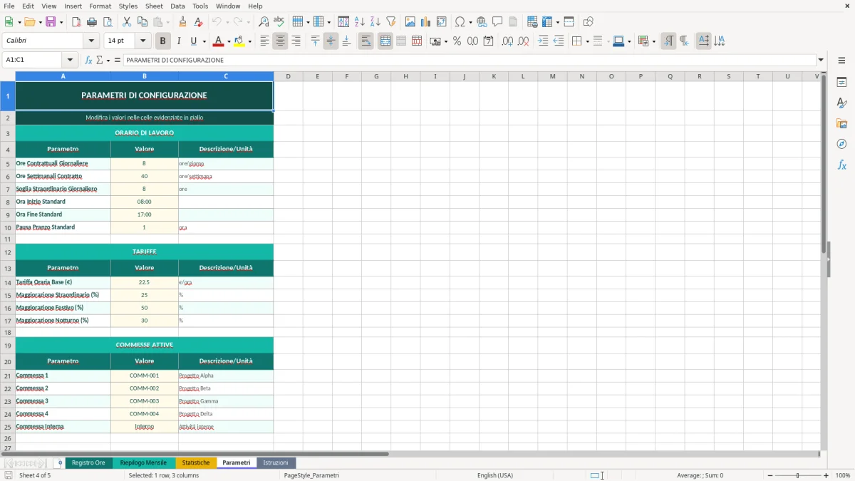 Screenshot 4: Foglio Parametri - Modello Excel registro ore lavoro excel